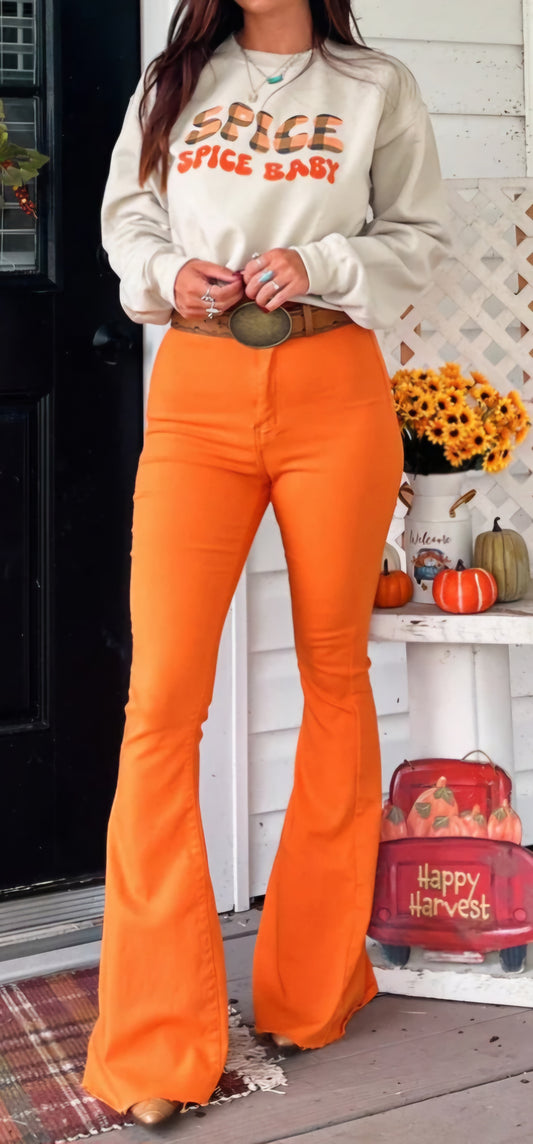 BELLA HIGH WAISTED BELL BOTTOM FLARE JEANS - ORANGE