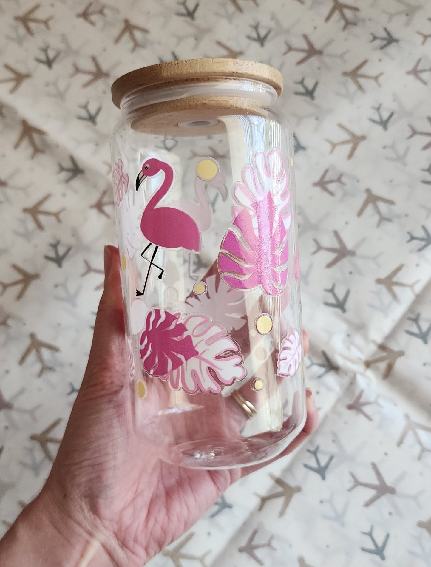 Flamingos Palm Leaf Glass Cup